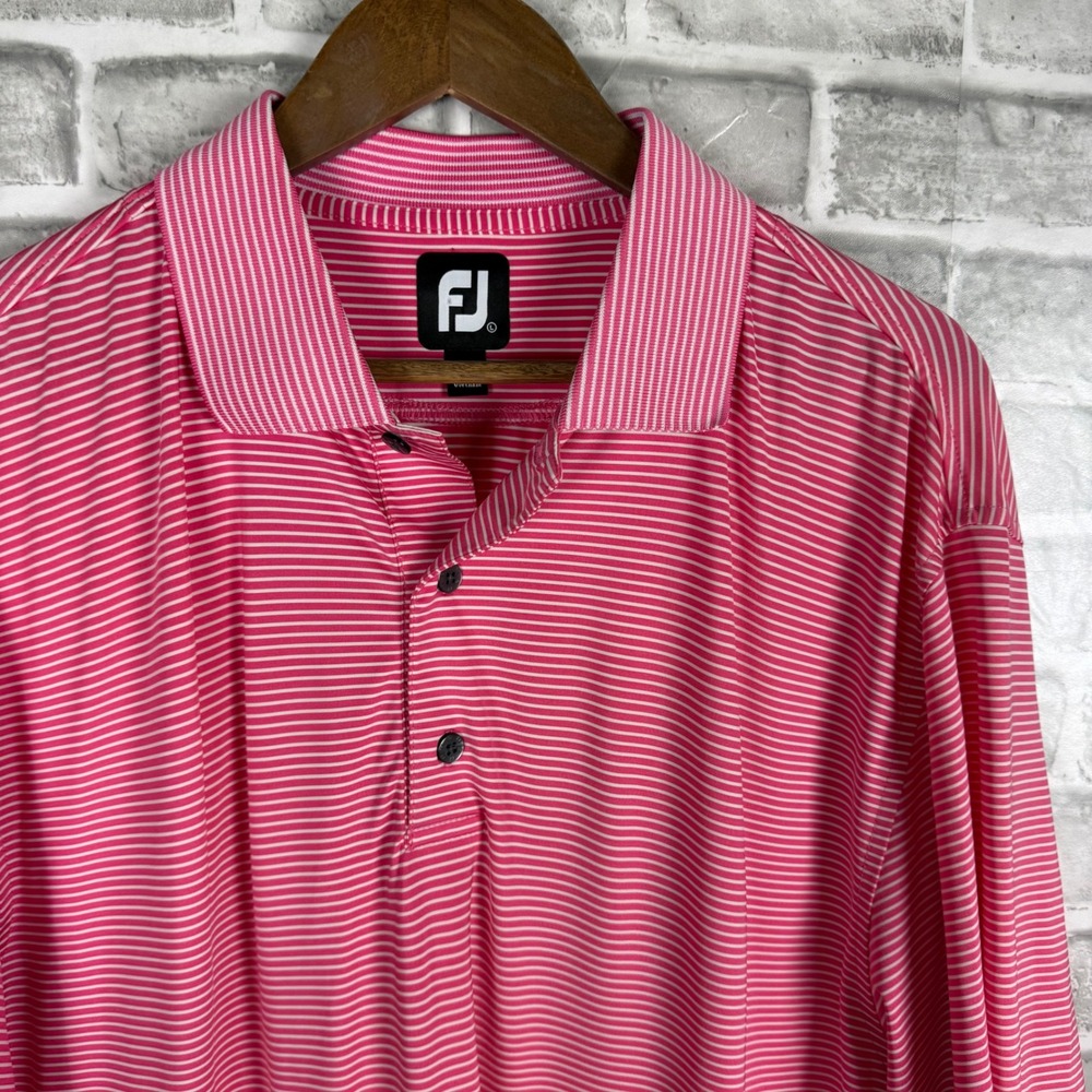 FootJoy Mens Pink White Micro Stripe Golf Polo Shirt Large FJ Logo Performance
